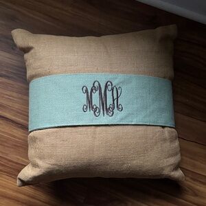 Monogrammed Burlap Pillow with Blue Accent